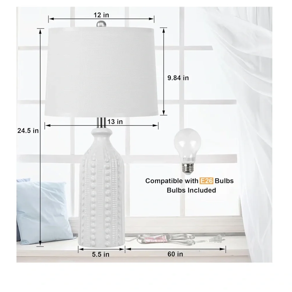 3-Way Dimmable White Ceramic Table Lamp with White Drum Slub Shade & Bulb-24.5”